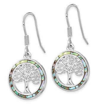 Sterling Silver Rhodium-plated Abalone Circle w/ Tree Dangle Earrings — alternate view