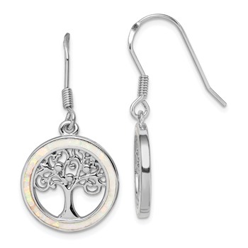 Sterling Silver Rhod-plated Creat Opal Circle w/ Tree Dangle Earrings