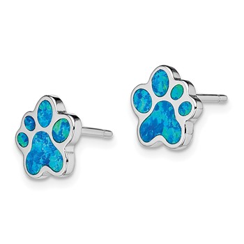 Sterling Silver Rhod-plated Creat Blue Opal Paw Print Post Earrings — alternate view