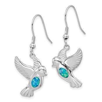 Sterling Silver Rhodium-plated Created Blue Opal Bird Dangle Earrings — alternate view