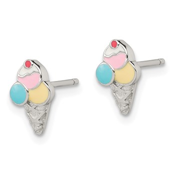 Sterling Silver Rhodium-plated Polished & Textured Multi-color Enameled Ice Cream Cone Children's Post Earrings — alternate view
