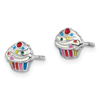Sterling Silver Rhodium-plated Polished & Multi-color Enameled Cupcake Children's Post Earrings — alternate view