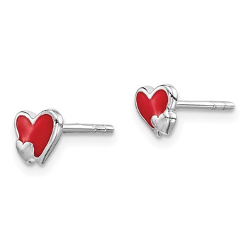 Sterling Silver Rhodium-plated Polished Red Enameled Double Heart Children's Post Earrings — alternate view