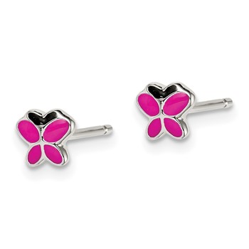 Sterling Silver Polished Pink & Black Enameled Butterfly Children's Post Earrings — alternate view