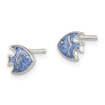 Sterling Silver Rhodium-plated Polished Blue Enameled Fish Childs Post Earrings — alternate view