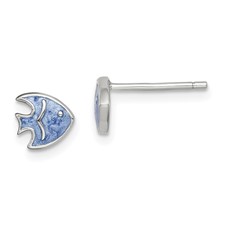 Image of Sterling Silver Rhodium-plated Polished Blue Enameled Fish Childs Post Earrings