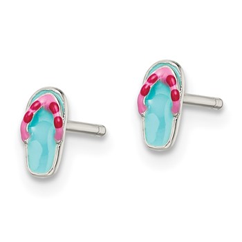 Sterling Silver Polished Teal & Pink Enameled Flip Flop Children's Post Earrings — alternate view