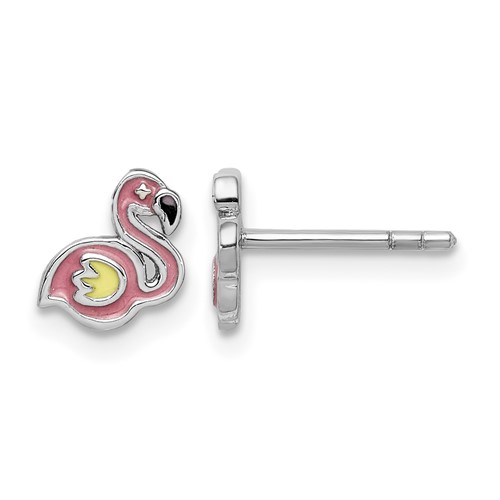 Sterling Silver Rhodium-plated Enameled Flamingo Post Earrings