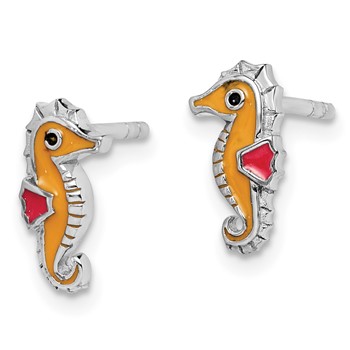 Sterling Silver Rhodium-plated Children's Polished and Multi-color Enameled Seahorse Post Earrings — alternate view