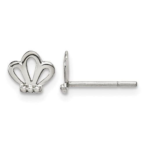 Sterling Silver Polished and Beaded Tiara Petite Post Earrings