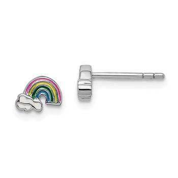 Sterling Silver Rhodium-plated Polished & Multi-color Enameled Rainbow & Clouds Children's Post Earrings