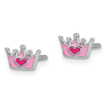 Sterling Silver Rhodium-plated Polished & Pink Enameled Heart Crown Children's Post Earrings — alternate view