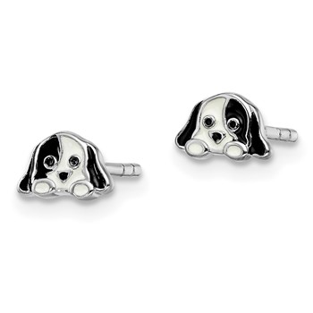 Sterling Silver Rhodium-plated Polished Black & White Enameled Puppy Children's Post Earrings — alternate view