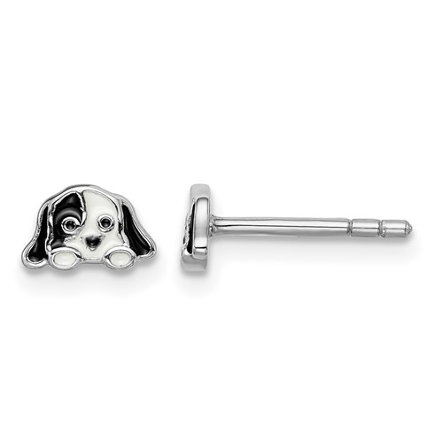 Sterling Silver Rhodium-plated Black/White Enameled Puppy Post Earrings