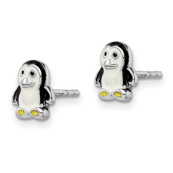 Sterling Silver Rhodium-plated Polished Multi-color Enameled Penguin Children's Post Earrings — alternate view