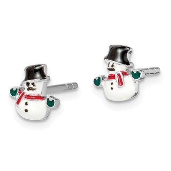 Sterling Silver Rhodium-plated Polished Multi-color Enameled Snowman Children's Post Earrings — alternate view