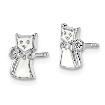 Sterling Silver Rhodium-plated Polished White Enameled Cat Children's Post Earrings — alternate view