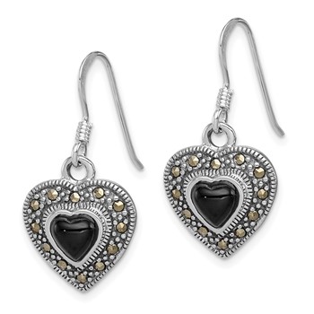 Sterling Silver RH-plated Antiqued Onyx & Marcasite Heart Dangle Earrings — alternate view