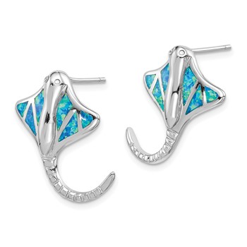 Sterling Silver Rhodium-plated Created Blue Opal Stingray Post Earrings — alternate view