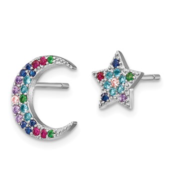 Prizma Sterling Silver Rhodium-plated Moon and Star Colorful CZ Post Earrings — alternate view