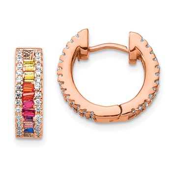 Prizma Sterling Silver Rose-tone 14K Flash Rose Gold-plated White and Colorful Baguette CZ Hinged Hoop Earrings