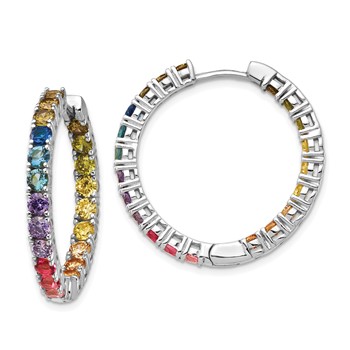 Prizma Sterling Silver Rhodium-plated In and Out Colorful CZ Hinged Hoop Earrings