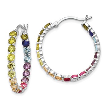 Prizma Sterling Silver Rhodium-plated In and Out 3mm Colorful CZ Hoop Earrings