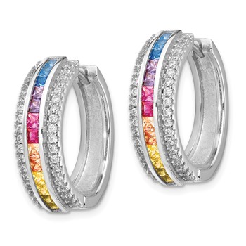 Prizma Sterling Silver Rhodium-plated Channel Set Colorful and White CZ Hinged Hoop Earrings — alternate view