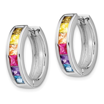 Prizma Sterling Silver Rhodium-plated Channel Set Colorful CZ Small Hinged Hoop Earrings — alternate view