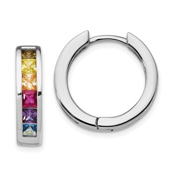 Prizma Sterling Silver Rhodium-plated Channel Set Colorful CZ Small Hinged Hoop Earrings