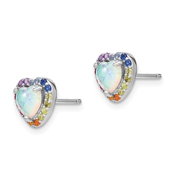 Prizma Sterling Silver Rhodium-plated Lab Created Opal and Colorful CZ Heart Post Earrings — alternate view