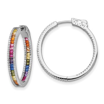 Prizma Sterling Silver Rhodium-plated White and Colorful CZ In and Out Hinged Hoop Earrings