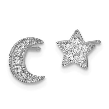 Sterling Silver Rhodium-Plated CZ Star and Moon Left/Right Earrings — alternate view
