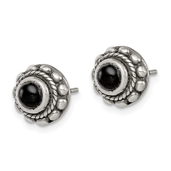 Sterling Silver Polished & Antiqued Textured Onyx Round Post Earrings — alternate view