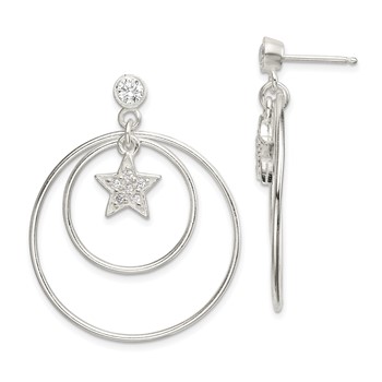 Sterling Silver Polished CZ Star Orbiting Circles Drop Post Earrings