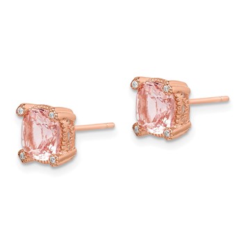 Sterling Silver Rose-tone Polished Textured Pink Crystal & CZ Post Earrings — alternate view