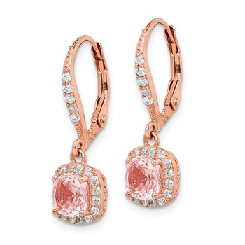 Sterling Silver Rose-tone Pink Crystal & CZ Halo Leverback Dangle Earrings — alternate view