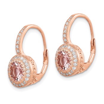 Sterling Silver Rose-tone Polished Pink Crystal/CZ Halo Leverback Earrings — alternate view