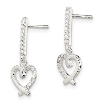 Sterling Silver CZ Dangle Heart Post Earrings — alternate view