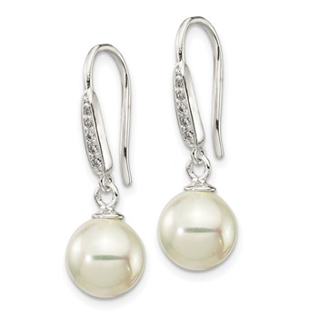 Sterling Silver Rhodium-plated Polished White 7-8mm Shell Pearl & CZ Dangle Earrings — alternate view