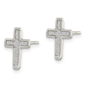 Sterling Silver Polished Glitter Infused Latin Cross Post Earrings — alternate view