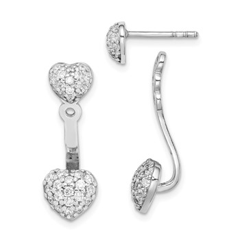 Sterling Silver Rhodium Plated CZ Heart Post Earrings w/ Jacket
