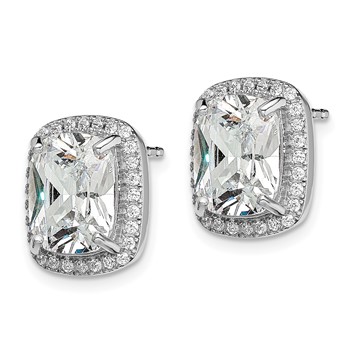 Sterling Silver RH-plated Polished 10x8mm Cushion CZ Halo Post Earrings — alternate view