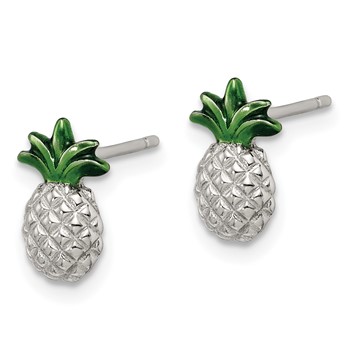 Sterling Silver Rhod-plated Pineapple w/Green Enamel Post Earrings — alternate view