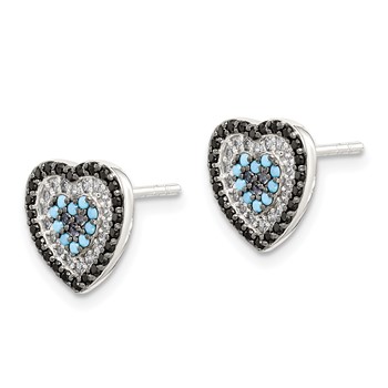 Sterling Silver Black, White & Blue CZ Heart Post Earrings — alternate view