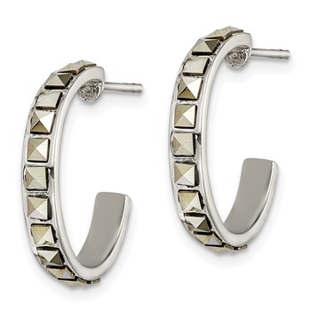 Sterling Silver Square Marcasite 20x3.5 Hoop Post Earrings — alternate view