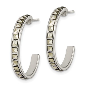 Sterling Silver Square Marcasite 25x3.5 Hoop Post Earrings — alternate view