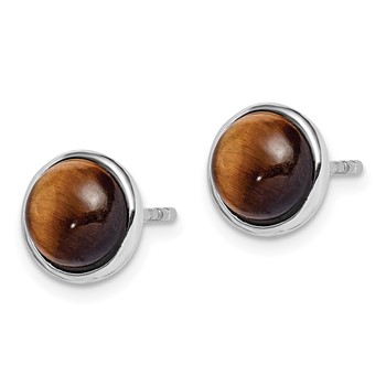 Sterling Silver Rhodium-plated Polished 7mm Tiger's Eye Post Earrings — alternate view