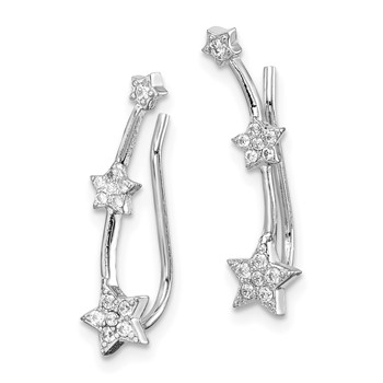 Sterling Silver Rhodium-plated Polished CZ Three Star Ear Climber Earrings — alternate view