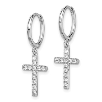 Sterling Silver Rhodium-plated CZ Cross Dangle Round Hoop Earrings — alternate view